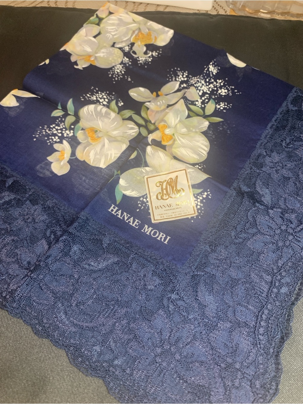 Hanae Moro Navy Floral Lace-Trim Scarf